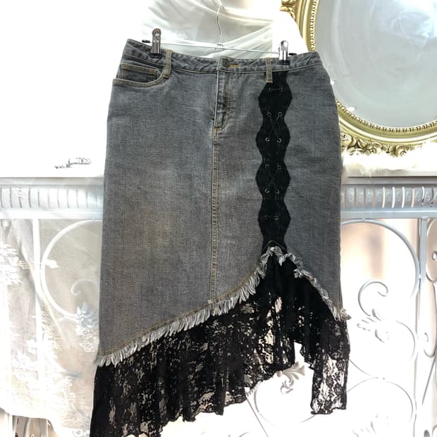 black lace&eyelet gray denim midi skirt