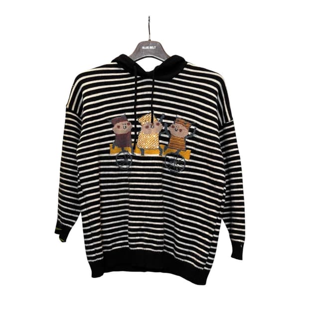 JPN VINTAGE 후드 니트 스트라이프 패턴 앞면 캐릭터 디테일 블랙