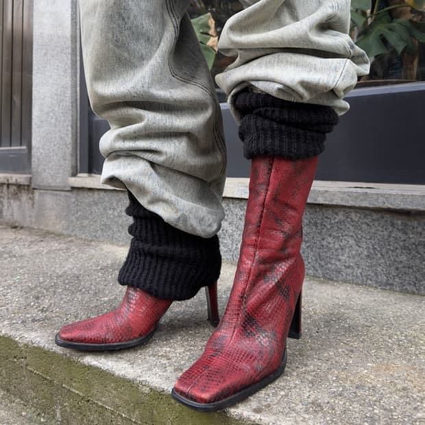 00s 올가죽 레드 스네이크 스퀘어 토 부츠