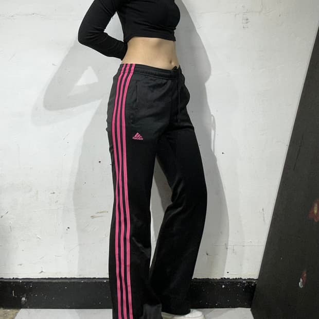 아디다스 블랙 핑크 삼선 와이드 부츠컷 추리닝 바지 트레이닝 팬츠 