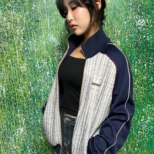 80s 아디다스 퀼팅 패딩 져지 집업 스카이블루 네이비 자켓 XL