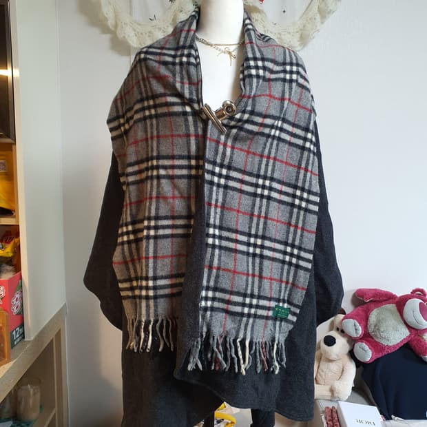 [빈티지] CARVEN 체크 울 머플러 숄 양털