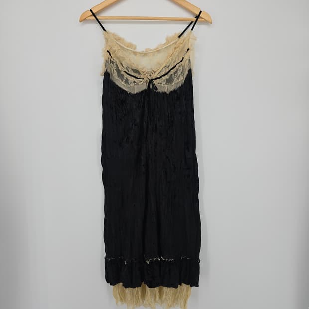 일본 빈티지 블랙 벨벳 레이스 롱 슬립 원피스