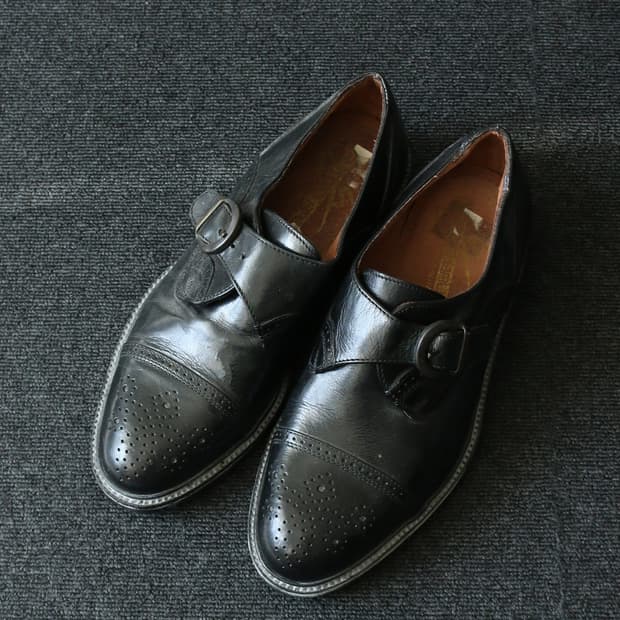 빈티지 이탈리아 블랙 레더 몽크 스트랩 슈즈