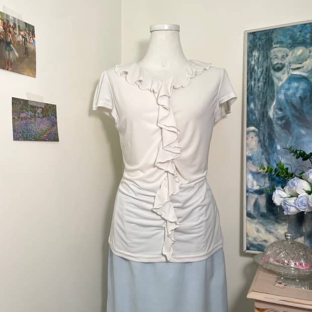 white ruffle point puff span top(size-M)