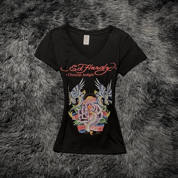 Ed Hardy 뱀 로즈 큐빅 그래픽 레터링 프린팅 블랙 반팔 티셔츠