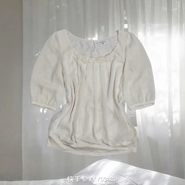 일본빈티지 달천깔 페어리 히메 아이보리 플라워 비즈 반팔 블라우스