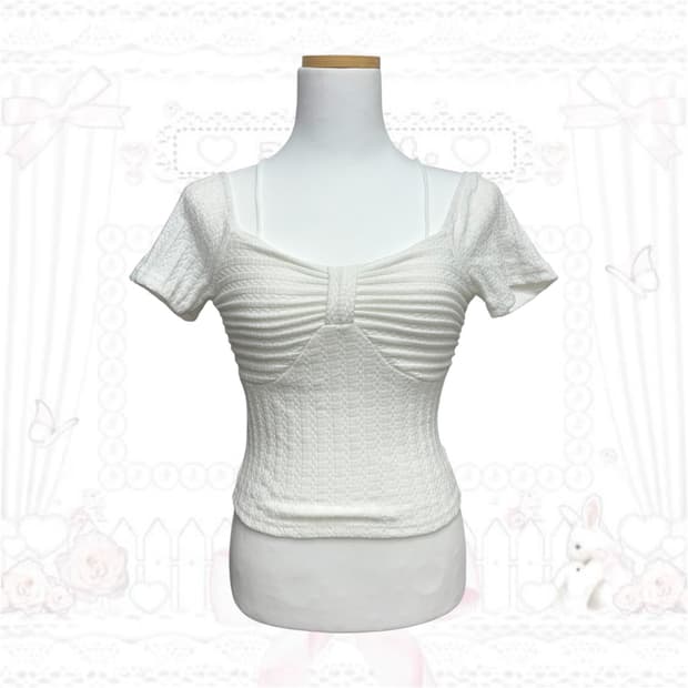 러블리 리본 탑 반팔 오프숄더