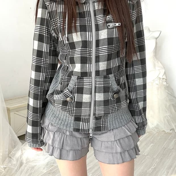 Y2k Gray check zip-up