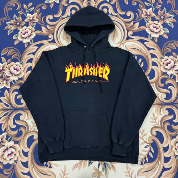 (M)트레셔 Thrasher 플레임 로고 후드티셔츠(블랙)