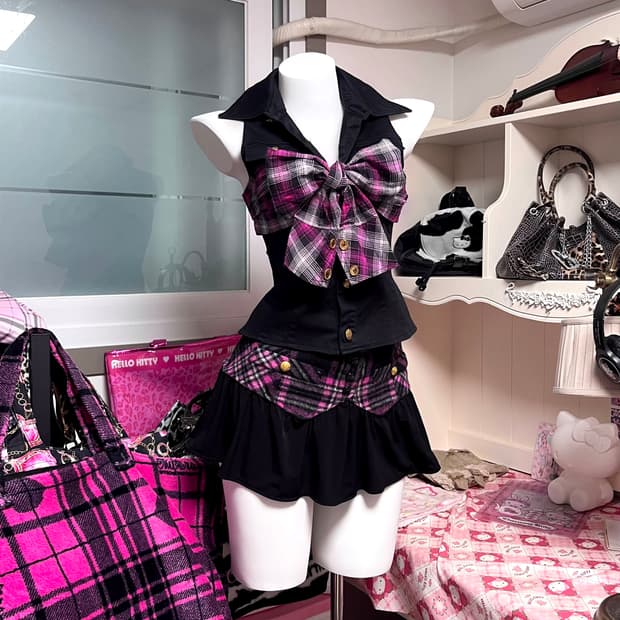 MA*RS마즈 블랙핑크 체크 셋업 히메오네갸루 핀터 스쿨고갸루 일본빈티지