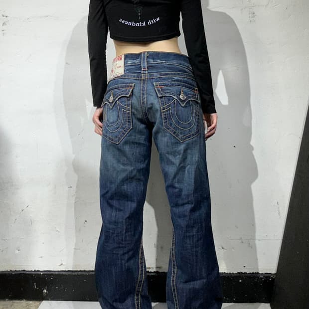 트루 릴리전 진청 부츠컷 플레어진 와이드 데님 팬츠