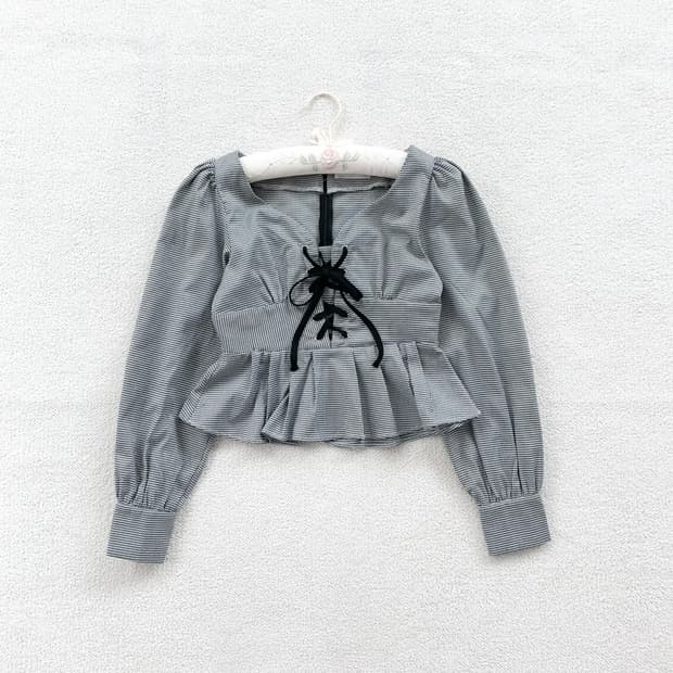 체크 리본아일렛 숏 블라우스