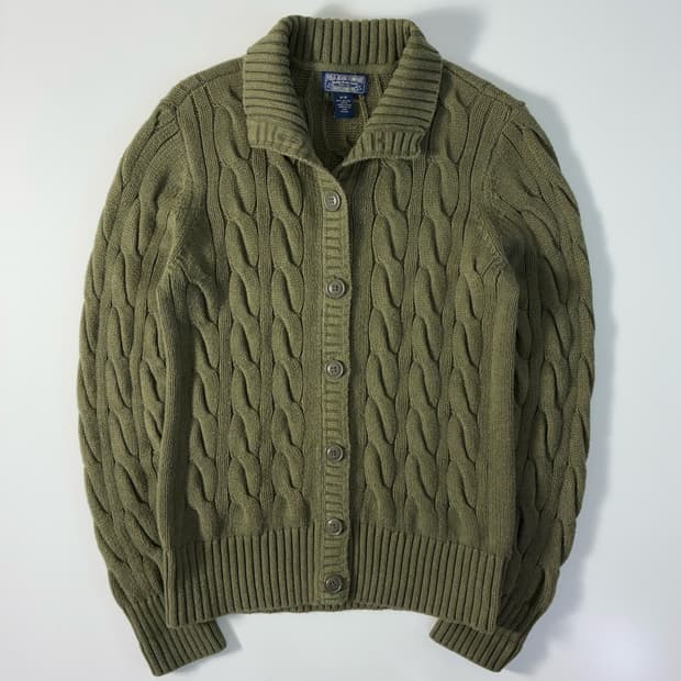 Polo  폴로 진스 컴퍼니 코튼 카키그린 꽈배기 니트가디건