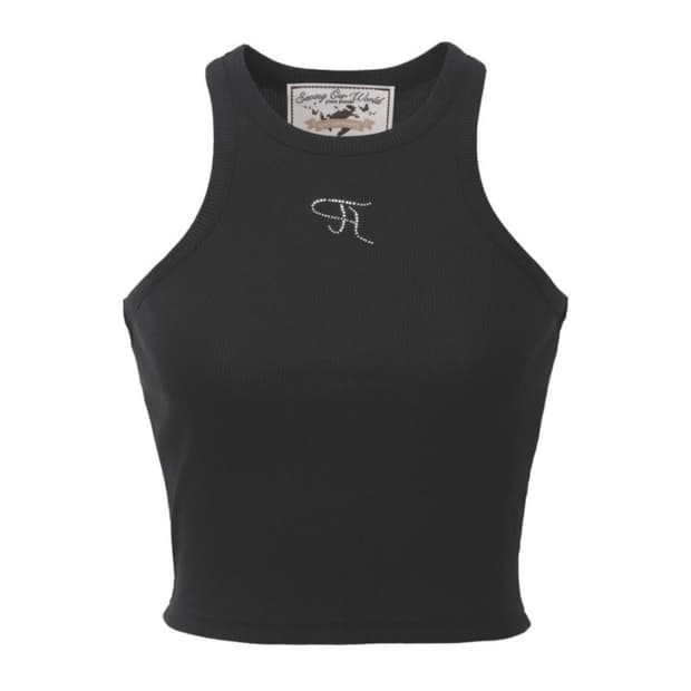 쓰리타임즈 쥬얼 크롭 나시(블랙, 사이즈 M）