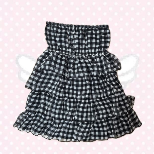 블랙체크 프릴 튜브탑 원피스 미디스커트