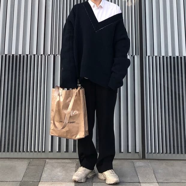 라프시몬스 18SS 오버사이즈 브이넥 파이어맨 니트 블랙