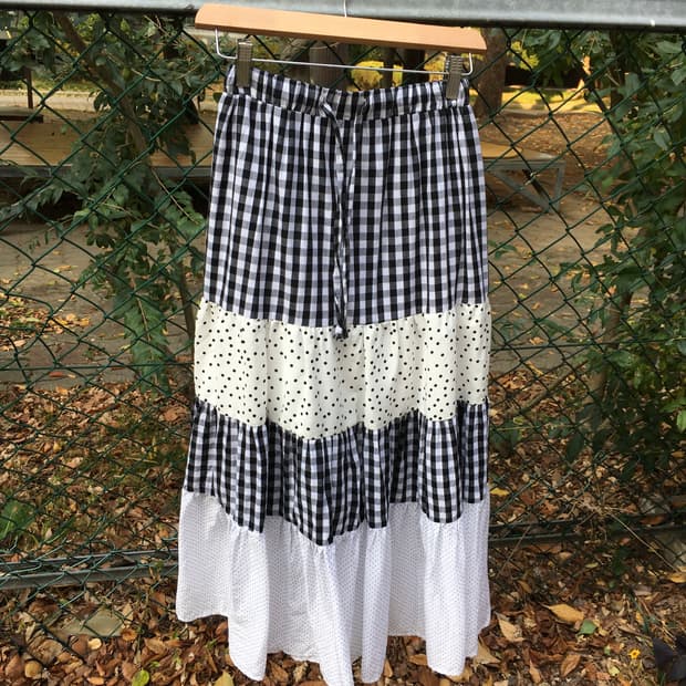 블랙 체크 도트 롱 스커트