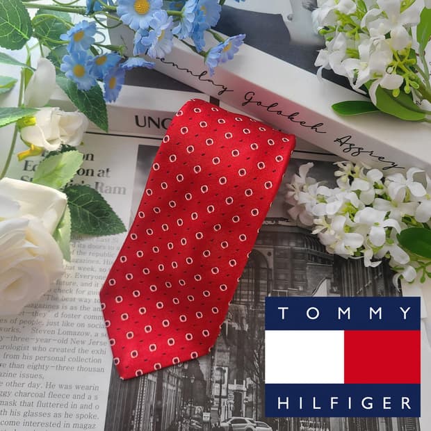 타미힐피거 실크 레드 패턴 넥타이 7.8cm S~A+등급 G2
