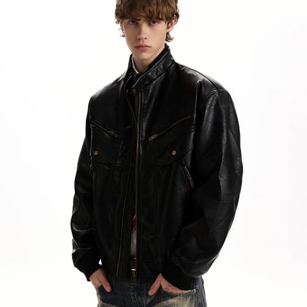 빈티지 레더 하이넥 집업 자켓