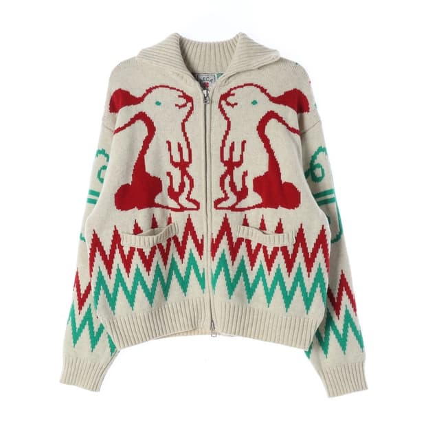 에이카화이트 토끼 그래픽 코위찬 집업 니트 L