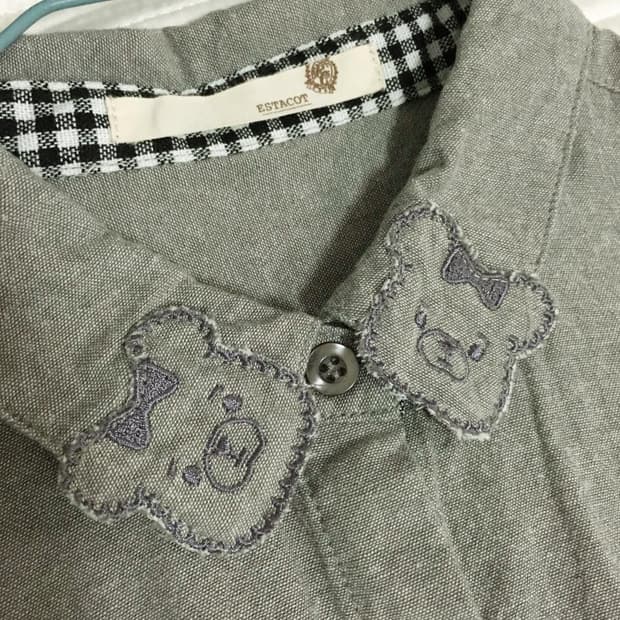 빈티지 모리걸 곰돌이자수 물고기단추 그레이 셔츠 블라우스 루즈핏 원피스