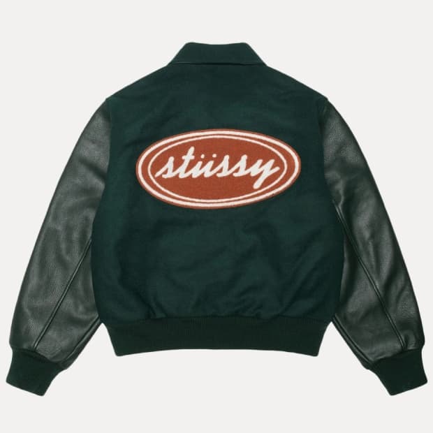 STUSSY OVAL SCRIPT VARSITY JACKET GREEN