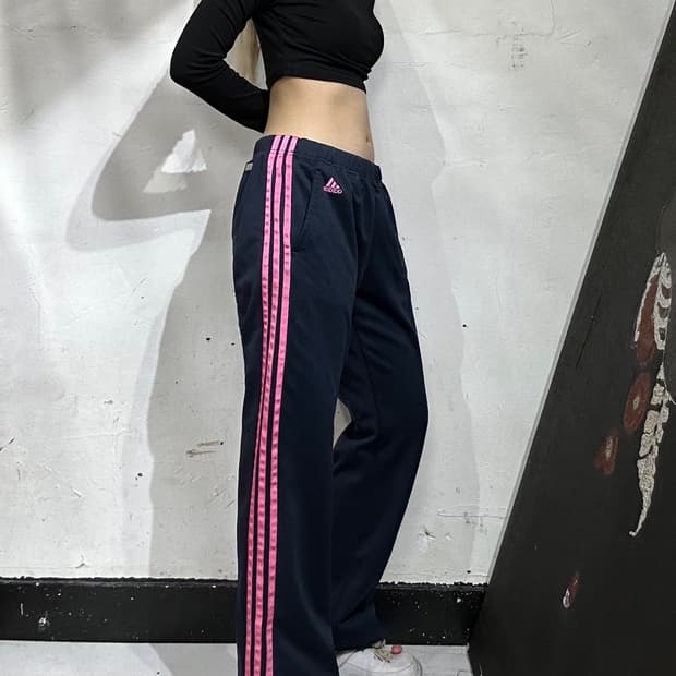 00s 아디다스 와이드 네이비 핑크 삼선 스몰 로고 트레이닝 팬츠 M
