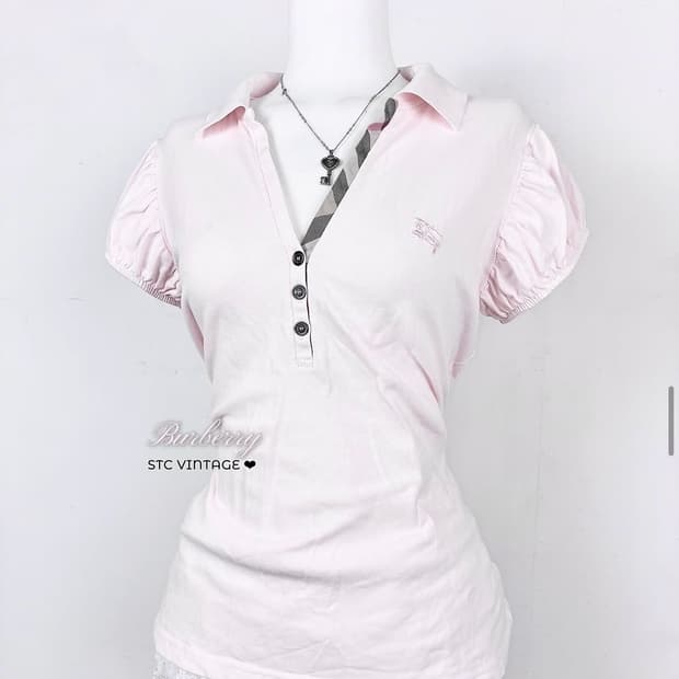 버버리블루라벨 노바체크 핑크 반팔 프릴퍼프 카라탑 stc빈티지 히메갸루