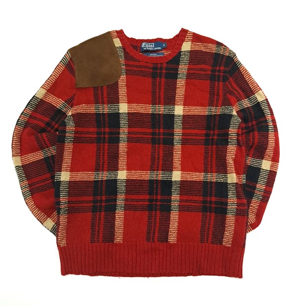 CN935 S 폴로 랄프로렌 클래식 체크 엘보패치 긴팔 울 니트 스웨터