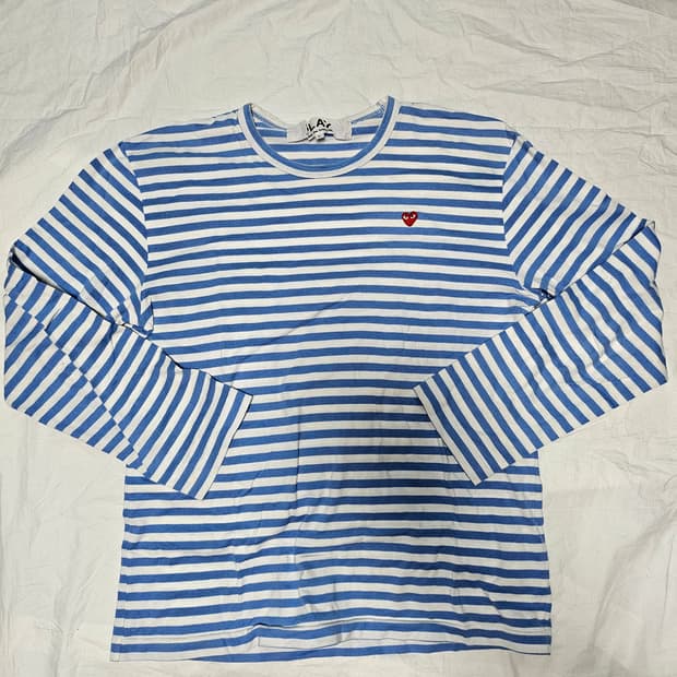 꼼데가르송 레드 하트 와펜 블루 스트라이프 롱슬리브 긴팔티셔츠 L