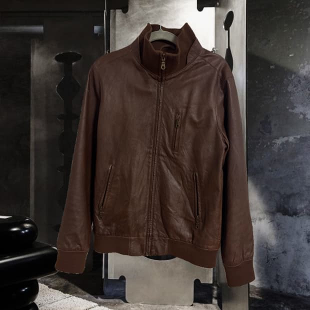 vintage leather high neck jacket brown