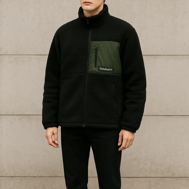 팀버랜드 블랙 카키 배색 보아 플리스 뽀글이 모크넥 집업 자켓_S