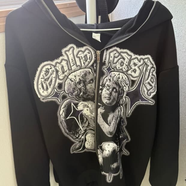 y2k 빈티지 펑크 블랙 검정 천사 프린팅 후드집업