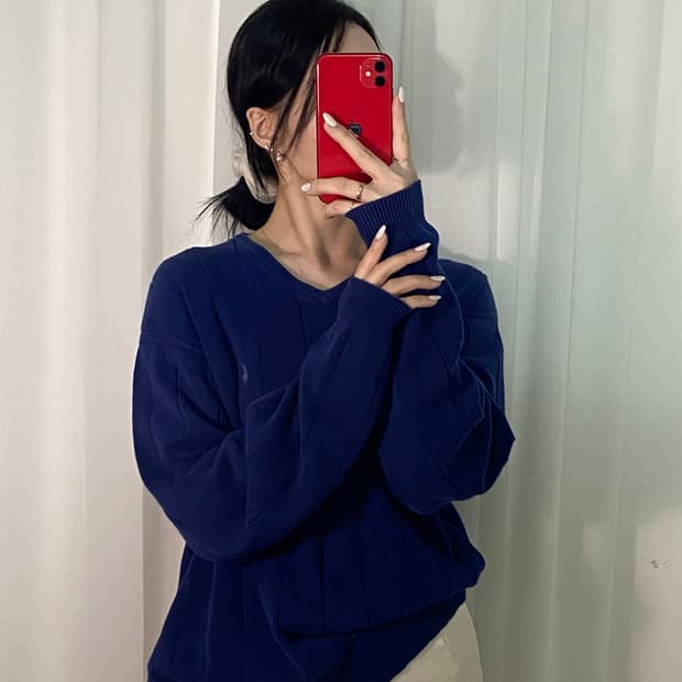 폴로 스트라이프 블루 네이비 포니 니트