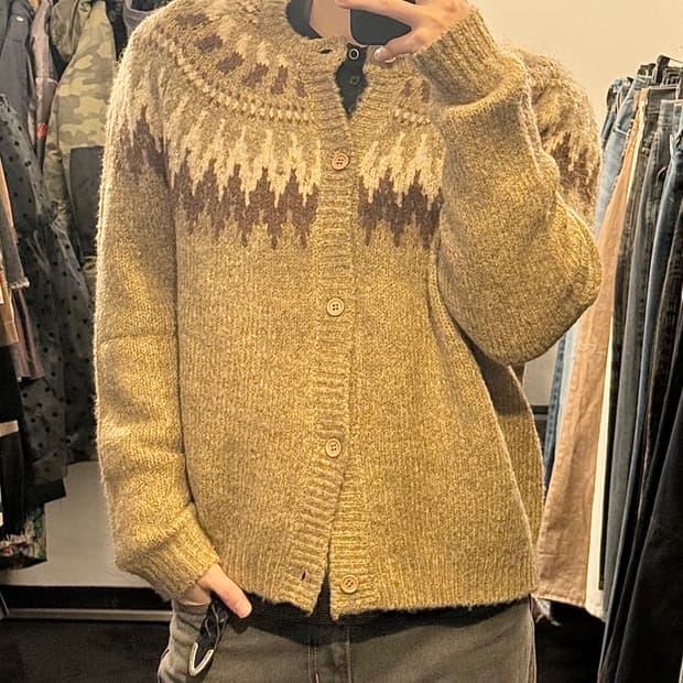 파르티멘토 노르딕 패턴 눈꽃 자카드 베이지 브라운 갈색 가디건 M 95