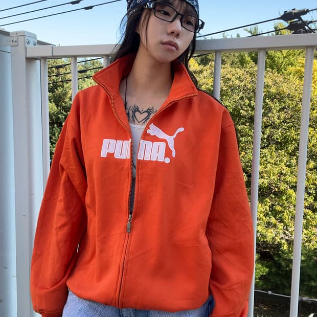 90s PUMA 올드스쿨 빅로고 오렌지 져지 트랙탑