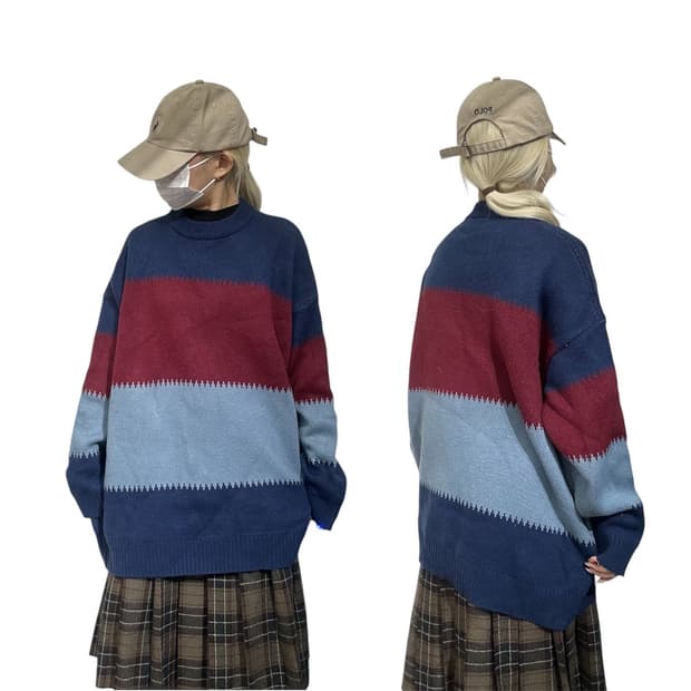 빈티지 네이비 미사 재질 오버핏 니트 
