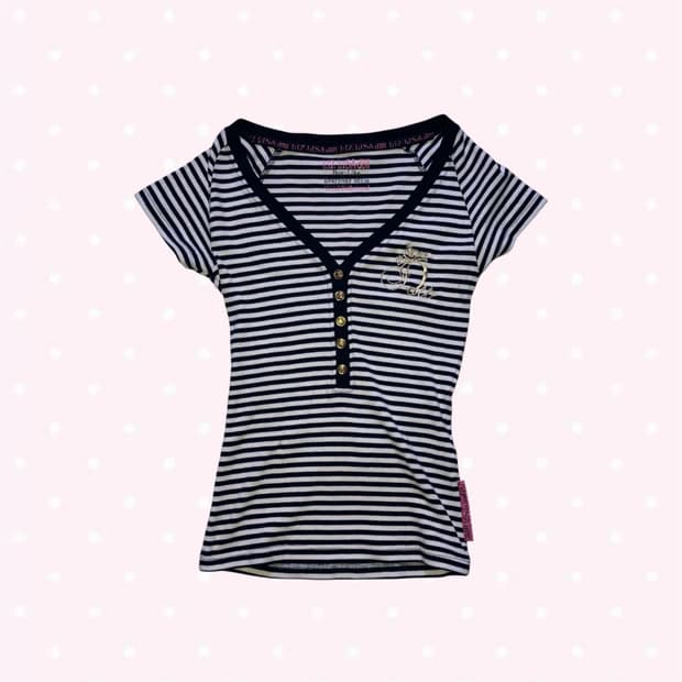 리즈리사 LIZ LISA 스트라이프 금장 버튼 로고 갸루 반팔