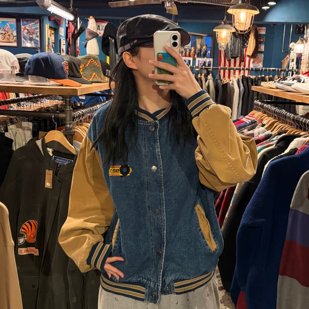 port 빈티지 자수 데님 바시티 점퍼