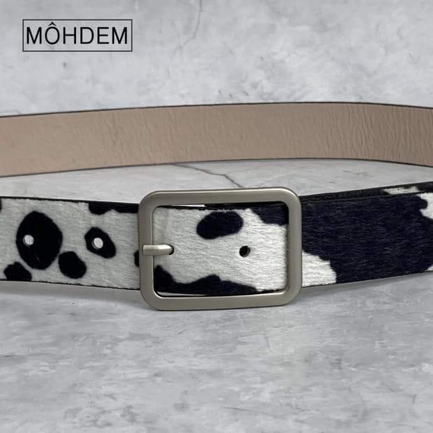 [Unisex] 애니멀 송치털 벨트 레오파드 카우 블랙
