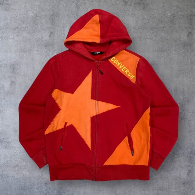 컨버스 레드 배색 스타 로고 후드 집업