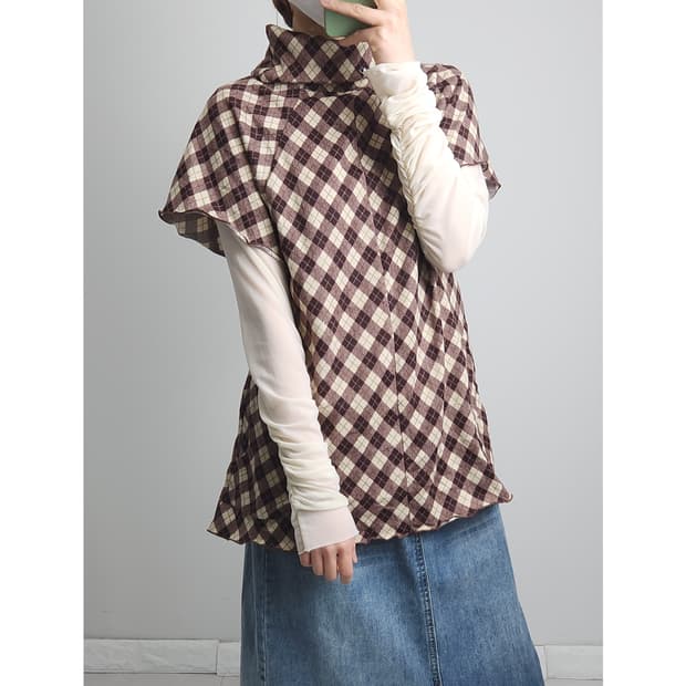 반소매 체크 탑