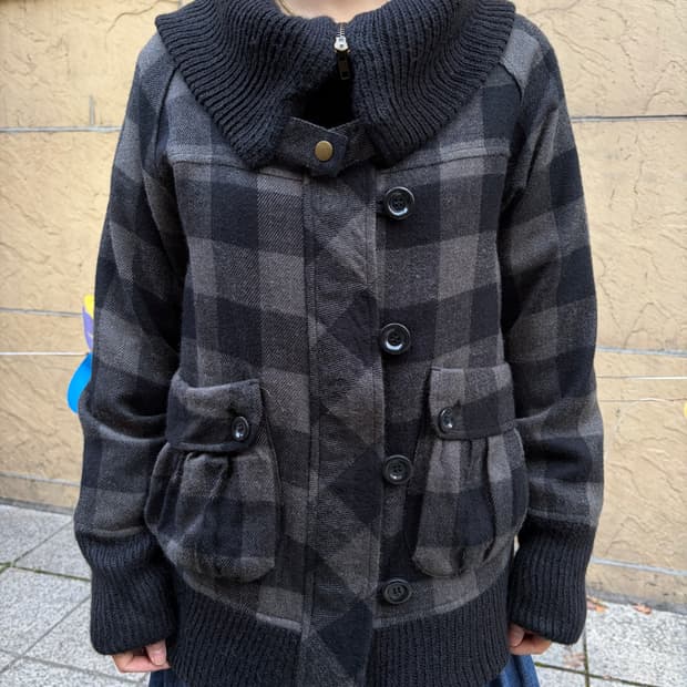 일본 빈티지 락펑크 빅카라 하이넥 체크 자켓