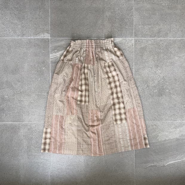 Pink beige check patchwork banding skirt
