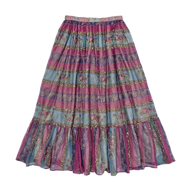 매쉬 장미 스트라이프 배색 프릴 롱스커트