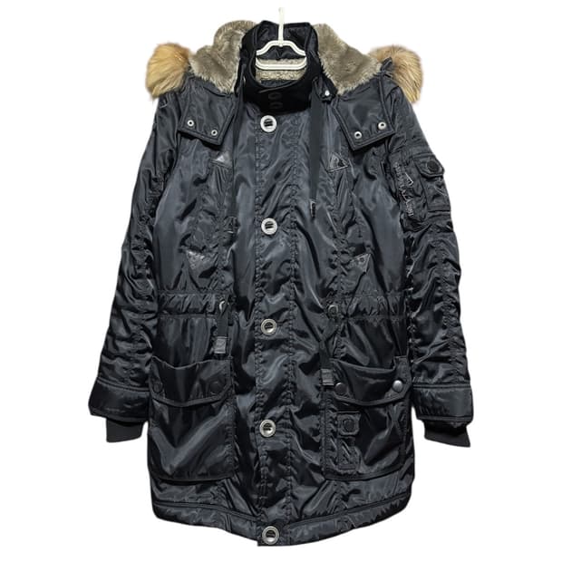 [GUESS] 게스 빈티지 블랙 후드넥 퍼 야상 자켓 M