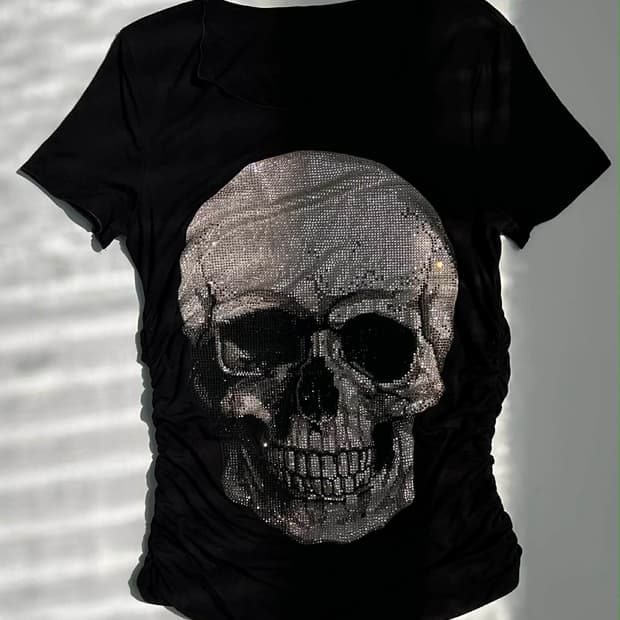 필립플레인 스컬 라인스톤 셔링 펑크 반팔 티셔츠
