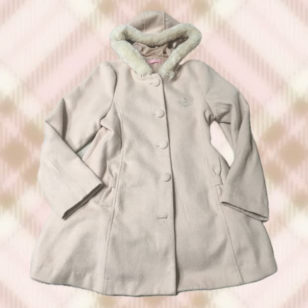 메조피아노 핑크 리본 퍼 후드 코트 라떼 히메 갸루 러블리 로걀 빈티지