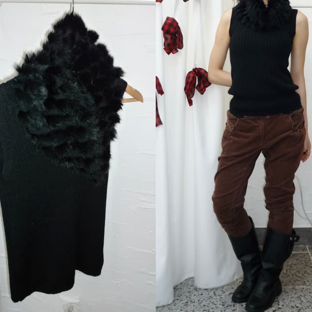 fur black knit sleeveless